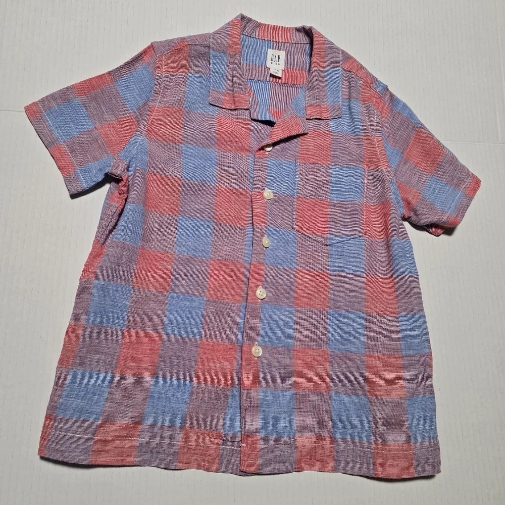 GAP Youtg Boys' Size 7 Striped and Plaid Cotton Shirt Set - Green and Red Bundle